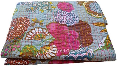 Sydneyy Art Gallery Indian Kantha Quilt, Floral Kantha Rallies, Bohemian Bedding Kantha Reversible Bedsheet/Bedspread (King Size)