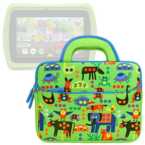 Evecase LeapFrog Epic/ LeapPad Platinum/ LeapPad Ultra XDI 7   Kids Tablet Sleeve Case, Cute Animal Themed Neoprene Travel Carrying Slim Bag w/ Dual Handle and Accessory Pocket - Green w/ Blue Trim
