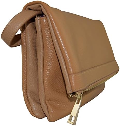 Pebble Grain Genuine Leather Women's Flap Over Crossbody Handbag (Camel)