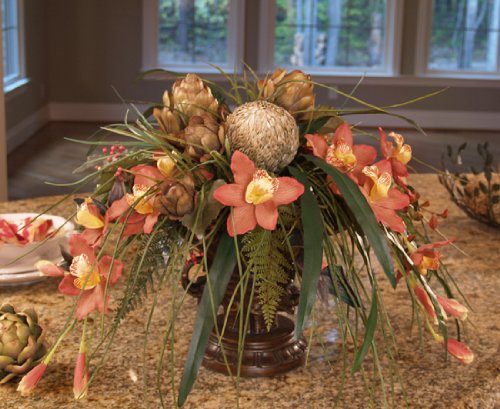 Silk Cymbidium Orchids & Artichokes in Elephant Vase