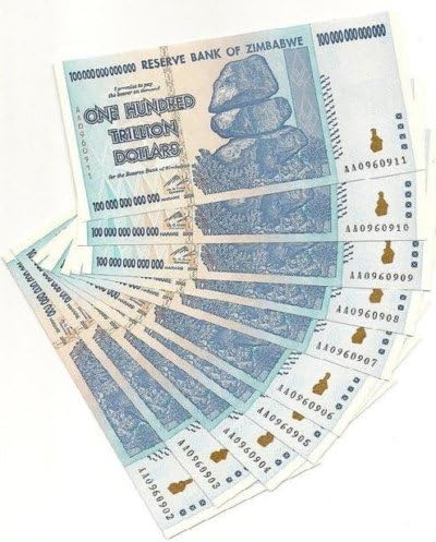 10 X 100 Trillion Dollar Zimbabwe Bank Notes Uncirculated & Sequential