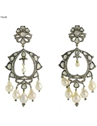 14kt Yellow Gold Pearl Dangle Rose Cut Diamond Earring Victorian Style Jewelry