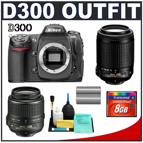 Nikon D300 Digital SLR Camera + Nikon 18-55mm VR + 55-200mm DX VR Zoom Lens + 8GB Card + Spare EN-EL3e Battery + Cleaning Kit (Camera & Lenses Refurbished by Nikon U.S.A.)