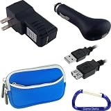 Bundle Combo: Neoprene Dual Pocket Zipper Case (Blue), USB Extension Cable (6 Feet), Car Charger, Wall Travel/Home Charger, and Carabiner Key Chain for the Kodak Zi8 Pocket Video Camera