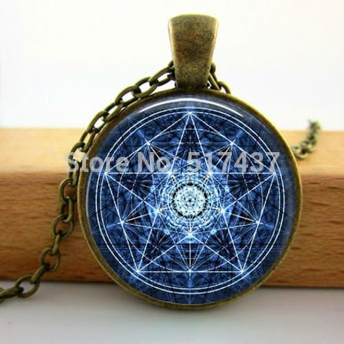 VintaStore Round Glass Necklace Blue Wiccan Glass Pendant Necklace Personality Pentagram Occult Necklaces Pendants Jewelry