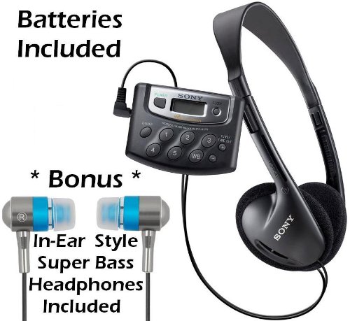 Sony Walkman Digital Tuning Portable Palm Size AM/FM Stereo Radio (Black) with Weather Band, 20 Station Preset Memory, DX Switch for Exceptional Reception, Convenient Belt Clip & Over Head Stereo Headphones - Batteries Included + Bonus DB Tech Secure-