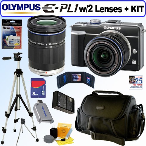 Olympus PEN E-PL1 12.3MP Live MOS Micro Four Thirds Interchangeable Lens Digital Camera with 14-42mm f/3.5-5.6 Zuiko Digital Zoom Lens and ED 40-150mm f/4.0-5.6 M.Zuiko Digital Camera Zoom Lens (Black) + 8GB Deluxe Accessory Kit