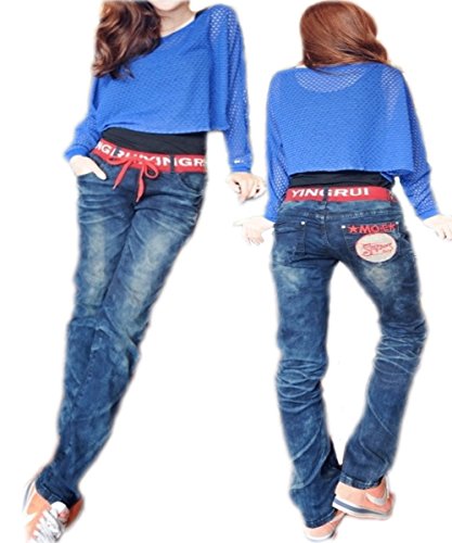 (エブリマート) everymart 大きいサイズ ビッグワッペン付き美脚ジーンズ 調節可能ウエストリブ デニムパンツ