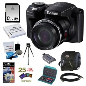Canon PowerShot SX500 IS 16.0 MP Digital Camera in Black + 32GB Memory Card + Replacement Lithium-ion Battery for Canon + Classic Camera Bag + Accessory Kit