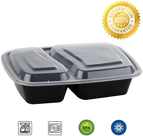 STAR 2-Compartment Meal Prep | Food Containers | Bento Box | Portion Control | Lunch Tray, Microwave, Dishwasher Safe, Reusable Lunch Box - 10 Pack - Black