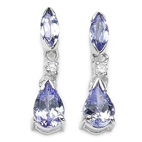 14 Karat White Gold 1.00 Carat Genuine Tanzanite and Diamond Dangling Earrings by 