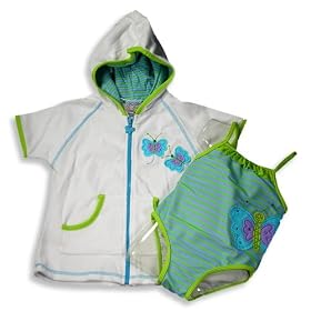 Swim' n Pretty by Baby Buns - Toddler Girls 2 Piece Bathing suit Set, Swimsuit and Hooded Cover-up, Green, Purple, Blue