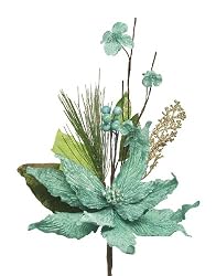 Set of 12 Lavish Teal & Gold Glitter Poinsettia Floral Picks 17"