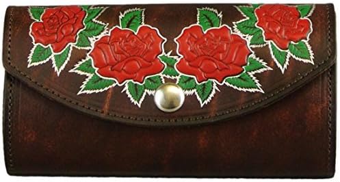 Antique Finish Brown Leather Clutch Wallet with Roses - Made in the USA