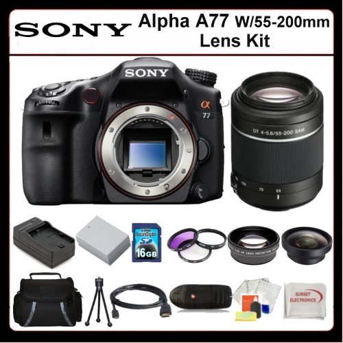 Sony Alpha A77 w/55-200mm Lens Kit Includes: Sony Alpha A77 Digital Camera with 55-200mm Lens, 2x Telephoto Lens, 0.45x Wide Angle Lens, 16GB SDHC Memory Card, Memory Card Reader, 3 Piece Filter Kit (UV-CPL-FLD), Extended Life Battery, Rapid Travel Charger, HDMI Cable, LCD Screen Protectors, Table Top Tripod SSE Microfiber Cleaning Cloth and Soft Carrying Case