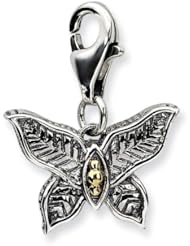 14k Yellow Gold Sterling Silver with 3 D Antiqued Butterfly with Lobster Clasp Charm