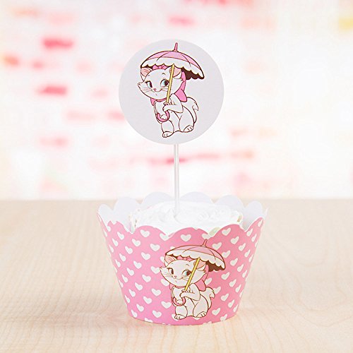 WinraseÂ® Set of 12 Cute Marie Cat Kids Birthday Party Decoration Paper Cupcake Liner Wrap Wrappers with Toppers (12, Marie Cat)