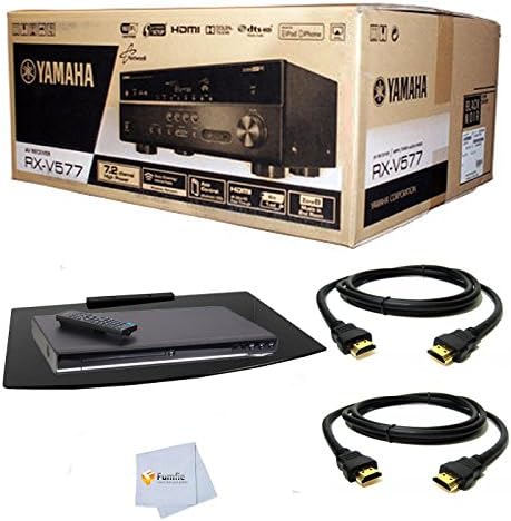 Yamaha RX-V577 AV Receiver + Glass Shelf Wall Mount + 2 6ft HDMI Cables + Microfiber Cleaning Cloth