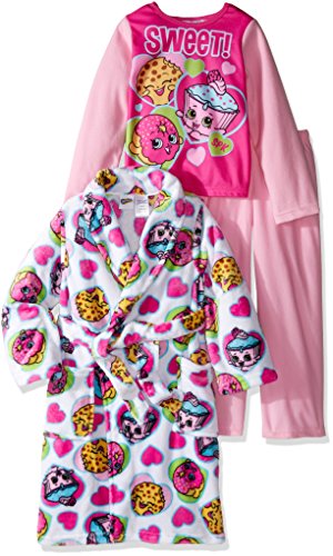 Shopkins Girls' Big Girls' 3-Piece Pajama Set with Robe, White/Pink, 10/12