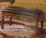 Carved Wood And Leather Classic Bed Bench