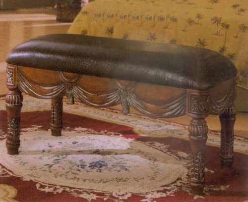 Carved Wood And Leather Classic Bed Bench