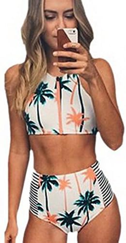 ochanel Women's Coconut Tree Print High Waist Bikini Set Bathing Suit White L