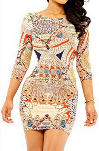 Women's Fashion 3/4 Sleeve Slim Bodycon Printed Dress Female Casual Dresses Sexy Club Party (S)