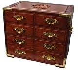 Chinese rosewood jewelry box chest with asian brass accents and 8 drawers, 14 x 9 x 12
