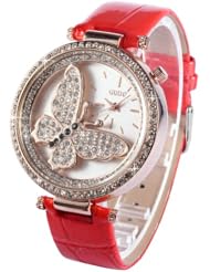 Fashion Lady Women Dress Butterfly Crystal Red Leather Bracelet Quartz Watch WK1097