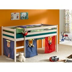 Hochbett Spielbett ERIK wei� mit Vorhang & Rollrost