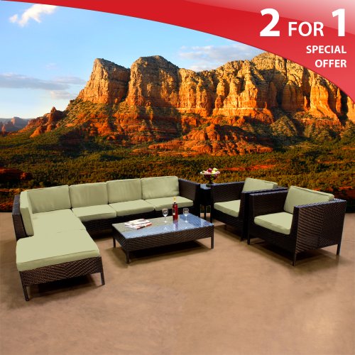 Rio Modern Outdoor Patio Wicker Sectional Furniture 9 Piece Set Peridot