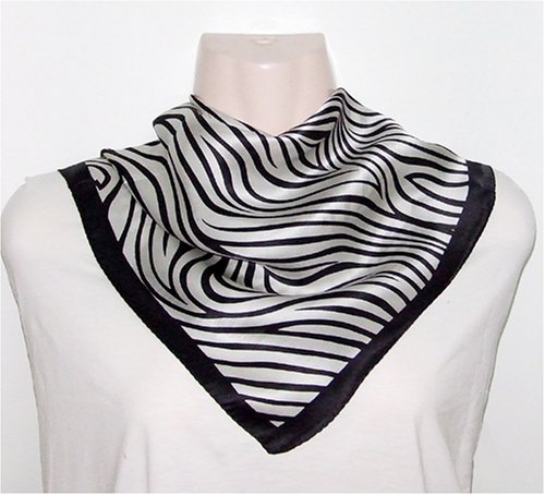 Satin Black Zebra Print on White Silk Bandana 21x21