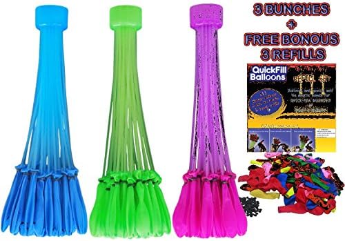 Quick Fill Balloons 3 Bunches of Self Tie Water Balloons with Fillers and 1 Colorful Refill Pack - Fill 111 Balloons Per Minute