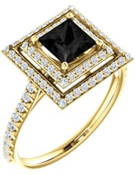 14K Yellow Gold Princess Cut Black and White Diamond Double-Halo Ring -- LIFETIME WARRANTY