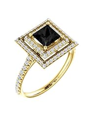 10K Yellow Gold Princess Cut Black and White Diamond Double-Halo Ring -- LIFETIME WARRANTY