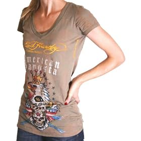 ED HARDY by Christian Audigier Womens Danger Eagle Tattoo T-Shirt Tank Top with Rhinestones Olive Green AMERICAN GANGSTER