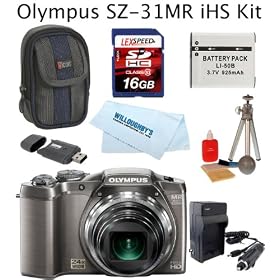 Olympus SZ-31MR iHS 16MP CMOS Camera with 24x Wide-Angle Zoom (Silver) + International Travel Charger + Deluxe Padded Case + Spare Battery + 16GB Memory Card + Card Reader + Cleaning kit + Mini Tripod