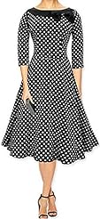 Polka Dot Print 3/4 Sleeves Vintage Cotton Bateau Neck Party Dress 
