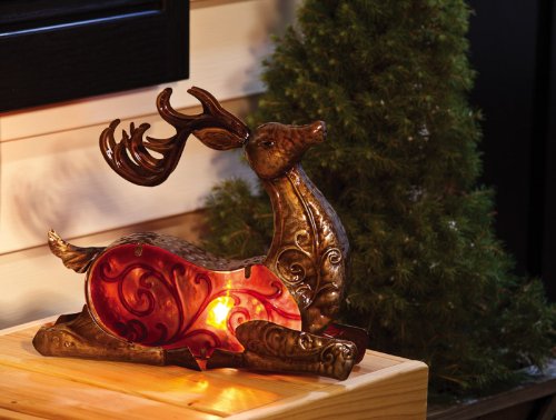 Poinsettia Magesty, Reindeer Electric Lamp, Statuary,Glass and Metal,13.5x4.5x10.5 Inches