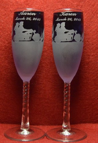 2 Personalized Etched Flames Motorcycle couple Toasting Champagne Wedding Flutes Glasses