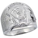 Sterling Silver Men's Jesus Christ Ring w/ Brilliant Cut CZ Stones, 13/16 in. (20mm) wide, size 12