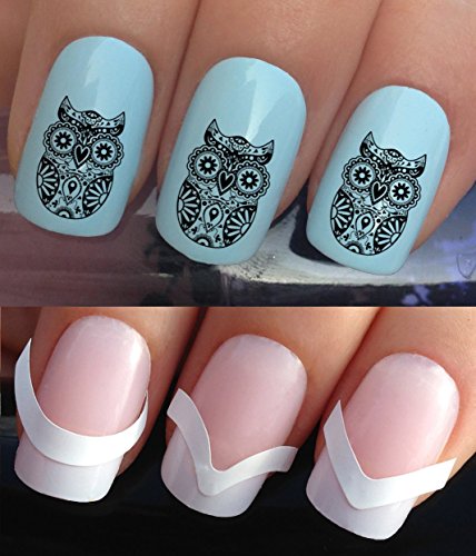 WATER NAIL TRANSFERS DECALS STICKERS TATTOO ART SET #374 & 172. **plus x48 nail tip guides!!** x24 DAY OF THE DEAD MEXICAN SUGAR SKULL OWLS TATTOO WRAPS & x48 FRENCH MANICURE TIP GUIDES! CAN BE USED WITH NATURAL GEL ACRYLIC STICK ON NAILS! OR WITH GLITTER DUST CAVIAR BEADS ALLOYS DECORATIONS CONFETTI FIMO SHAPES TAPE PENS RHINESTONES!