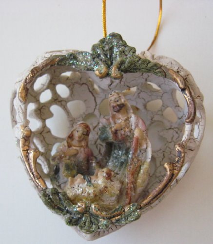 Nativity Christmas Xmas Tree Ornament - Heart Shaped Ornament with Nativity Scene inside