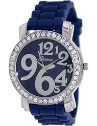 Geneva Platinum Womens 1309.NAVY.SILVER Blue Silicone Quartz Watch with Blue Dial