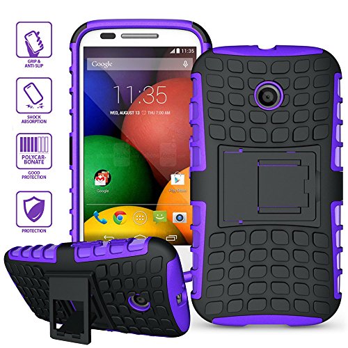 ElBolt Motorola E / Moto E 3 in 1 Bundle Armor Grenade Viewing Stand/Kickstand Hard Gel Case- Purple (Free Ultra-Sensitive Stylus Pen and Premium Screen Protector by ElBolt TM)