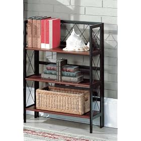 3 Tier Black Walnut Wood and Black Metal Folding Bookcase