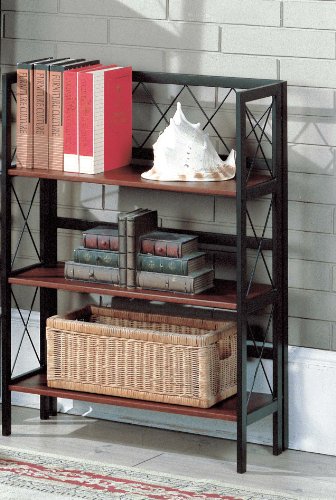 3 Tier Black / Walnut Wood & Black Metal Folding Bookcase
