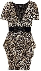 Pleated Belted  Short Sleeves Chiffon Leopard Print  Dress With a Bow(s)