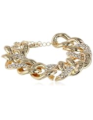 Gold Tone and Pave Wide Chain Link Bracelet, 7"+1.5" Extender