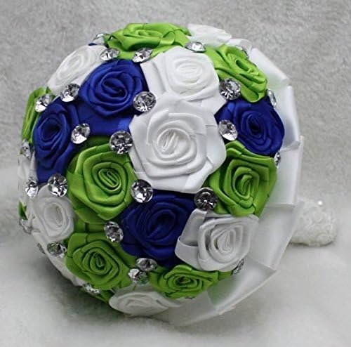 Blue Green and White Rose Crystal Lace Wedding Bride Handmade Bouquet Artificial Bridal Wedding Bouquet of Flower Holding Flower Home Decoration